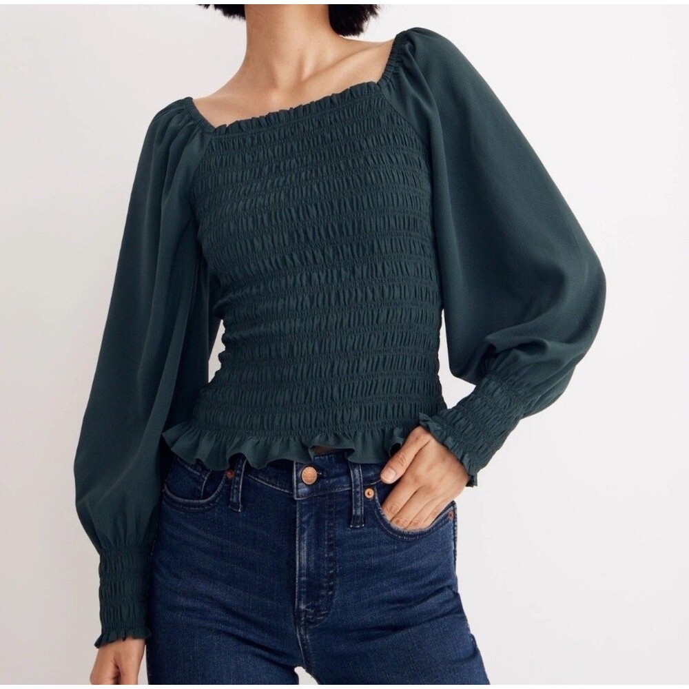 Women’s Madewell Lucie Bubble Sleeve Smocked Crinkle Top Blouse Small Green Palm